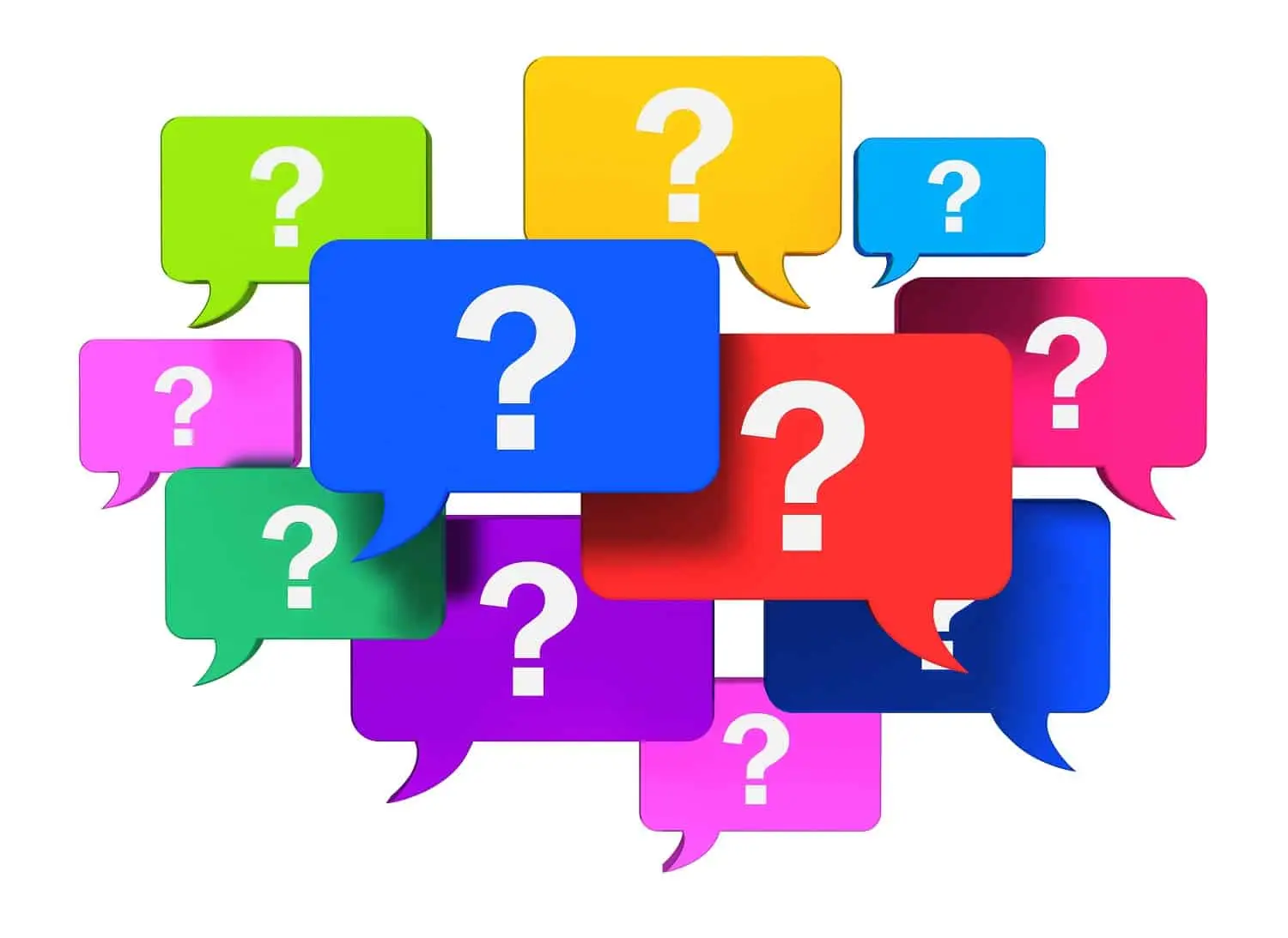 Graphic showing a dozen question marks.