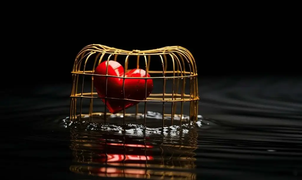 Photo of a heart in a cage.