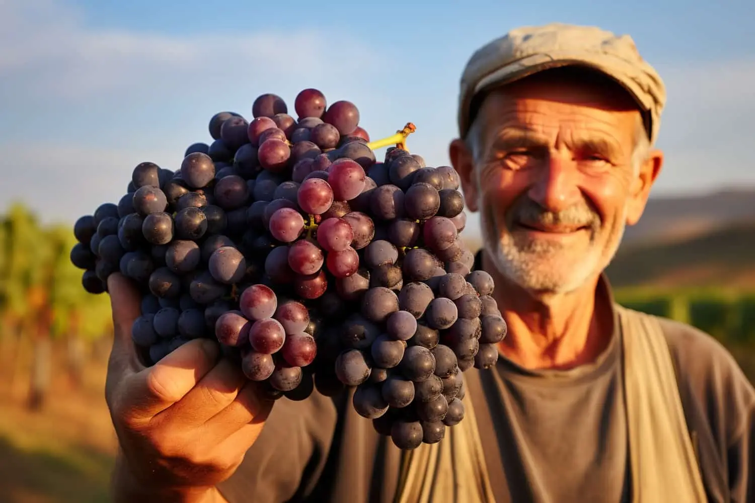 Photo of an older man holding a bunch of grapes.
