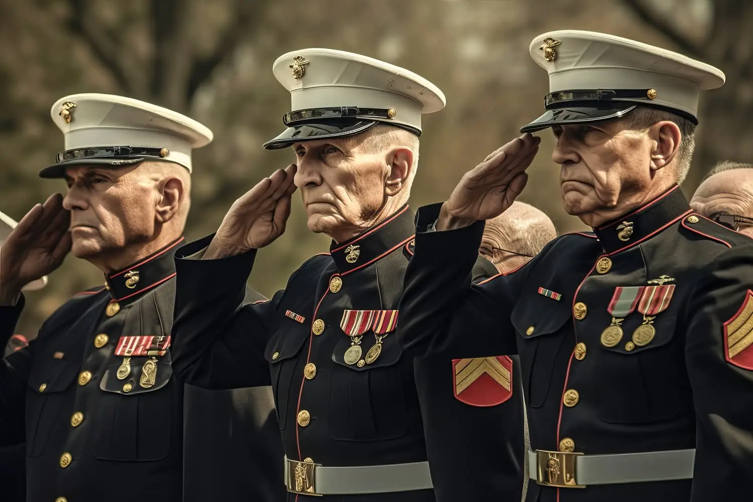 Photo of three older veterans saluting as an honor guard.