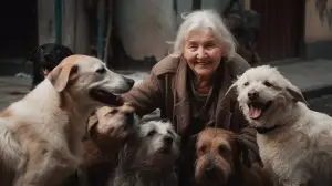 Photo of older woman with multiple dogs.