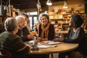 Photo of older group of people engaged in conversation.