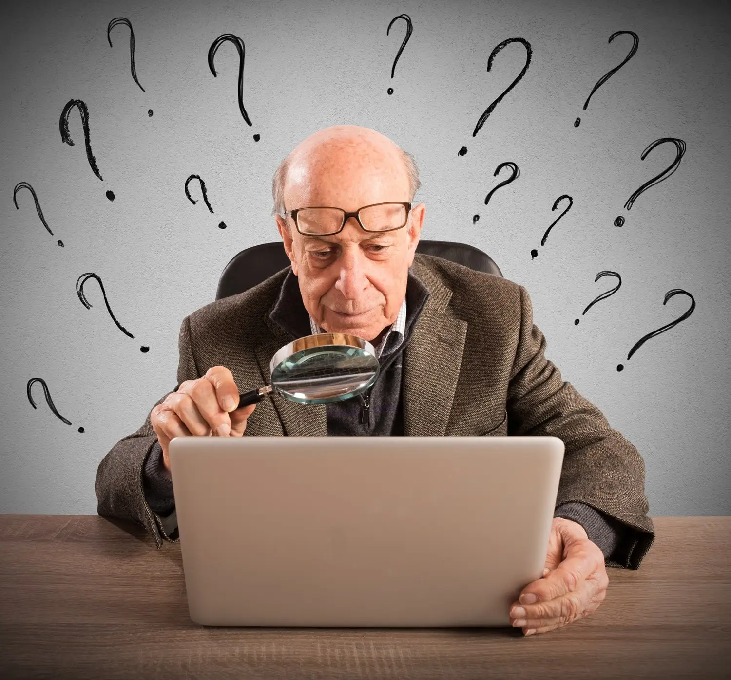 Photo suggesting an older man searching online for answers.