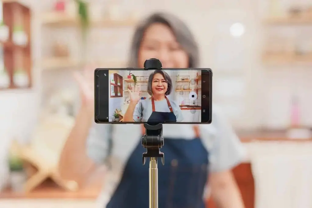 Photo of woman doing a video interview.