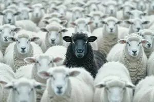 Photo of a black sheep in a flock of white sheep.
