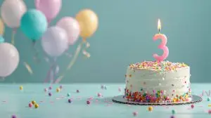 Photo of a birthday cake with a number 3 candle and balloons.