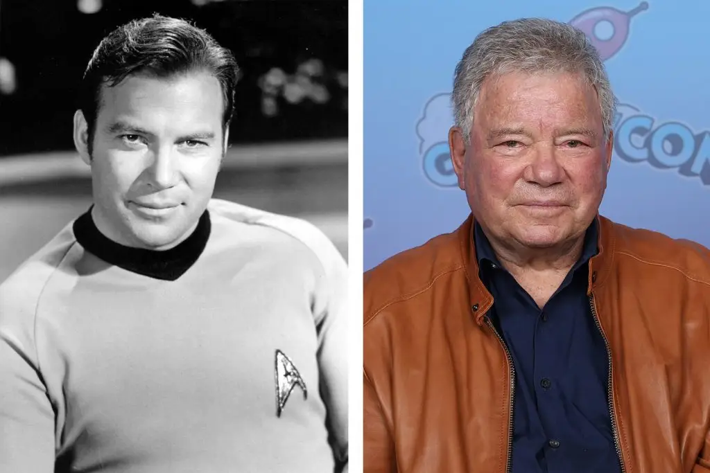 William Shatner, left as Star Trek Captain James T. Kirk in a photo listed for sale on eBay and posted to Wikipedia. Right, Shatner pictured at the 2023 GalaxyCon and photo taken by Super Festivals on Wikipedia.