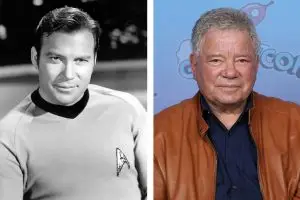William Shatner, left as Star Trek Captain James T. Kirk in a photo listed for sale on eBay and posted to Wikipedia. Right, Shatner pictured at the 2023 GalaxyCon and photo taken by Super Festivals on Wikipedia.