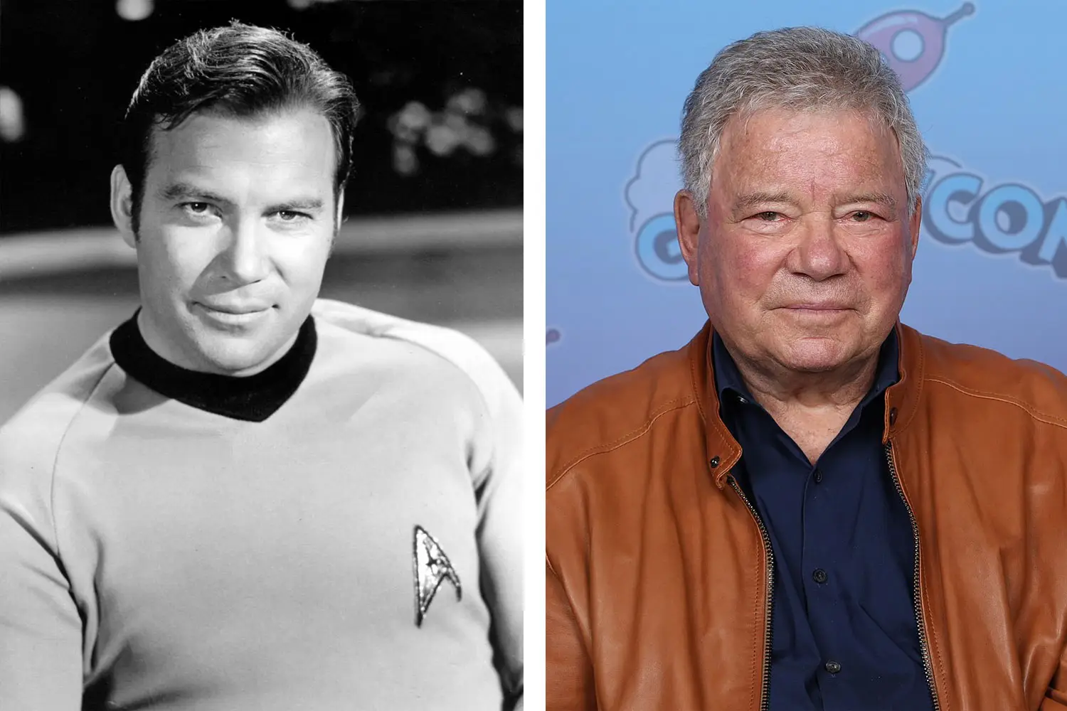 William Shatner, left as Star Trek Captain James T. Kirk in a photo listed for sale on eBay and posted to Wikipedia. Right, Shatner pictured at the 2023 GalaxyCon and photo taken by Super Festivals on Wikipedia.